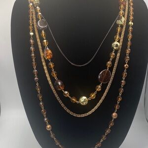 Vintage Multi-Layered Gold Tone and Brown Bead Necklace